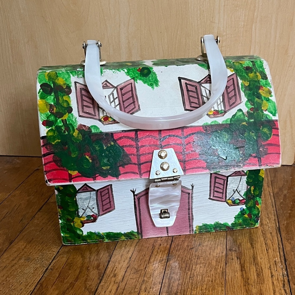 RARE Vintage Hand-Painted Wood Satchel Purse Handbag with House Design - Picture 15 of 15